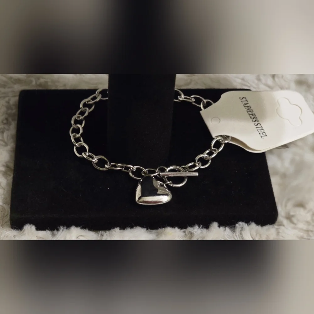 Stainless Steel White Gold Overlay‎ Bracelet With Heart Charm 7
